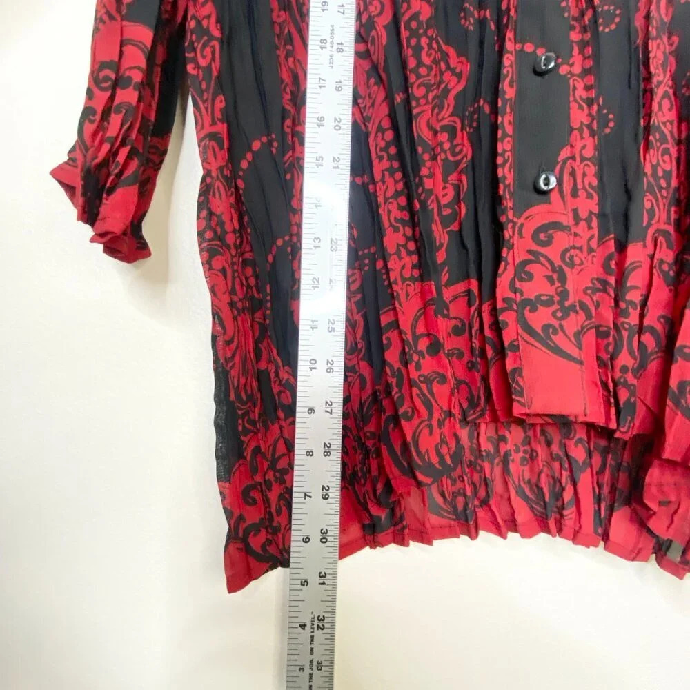 NWT Maggie Barnes Red Black Crinkle Sheer Crepe Button Up Top 0X 14/16 - Picture 9 of 9